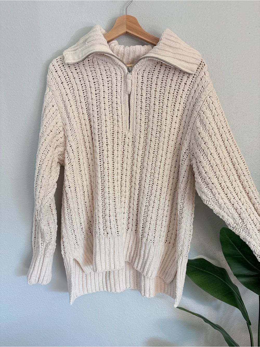 aerie Cream Half-Zip Open-Knit Turtleneck Sweater
